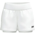 JAKO 2-in-1 Short One Dames 8200D in wit, sportshort met elastische tailleband, binnenbroekje met sleutelvakje en praktische zijzakken, ideaal voor training, hardlopen en actieve vrije tijd. JAKO Teamline One