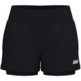 JAKO 2-in-1 Short One Dames 8200D in zwart, sportshort met elastische tailleband, binnenbroekje met sleutelvakje en praktische zijzakken, ideaal voor training, hardlopen en actieve vrije tijd. JAKO Teamline One