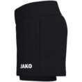 JAKO 2-in-1 Short One Dames 8200D in zwart, sportshort met elastische tailleband, binnenbroekje met sleutelvakje en praktische zijzakken, ideaal voor training, hardlopen en actieve vrije tijd. JAKO Teamline One