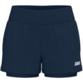 JAKO 2-in-1 Short One Dames 8200D in marine, sportshort met elastische tailleband, binnenbroekje met sleutelvakje en praktische zijzakken, ideaal voor training, hardlopen en actieve vrije tijd. JAKO Teamline One