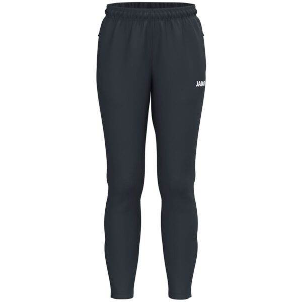 8400D_830 JAKO Trainingsbroek One 8400D voor dames in antraciet, sportieve broek met ribgebreide inzetstukken bij de kuiten, ritssluiting bij de pijpen en zijzakken, ideaal voor training, warming-up en dagelijks gebruik. JAKO Teamline One