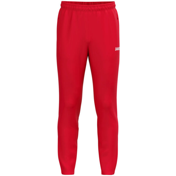 8400_100 JAKO Trainingsbroek One 8400 Kindermaat in rood, sportieve broek met ribgebreide inzetstukken bij de kuiten, ritssluiting bij de pijpen en zijzakken voor optimaal comfort en functionaliteit. JAKO Teamline One
