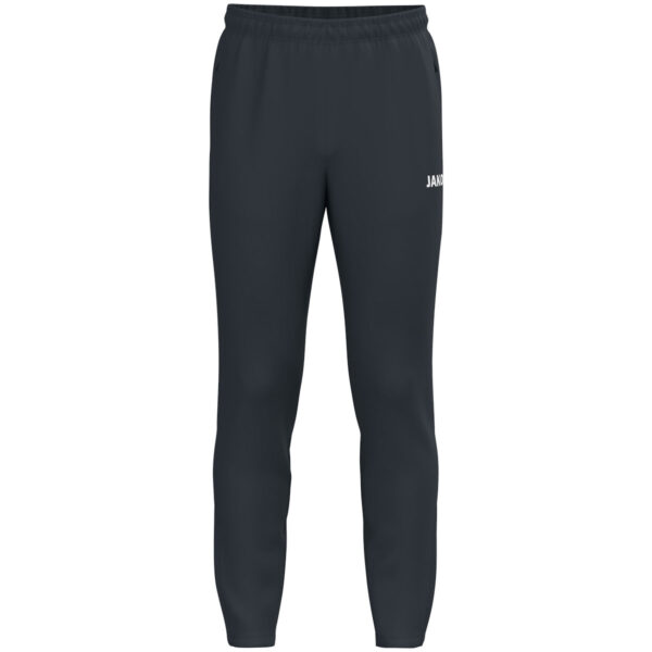 8400_830 JAKO Trainingsbroek One 8400 Kindermaat in antraciet, sportieve broek met ribgebreide inzetstukken bij de kuiten, ritssluiting bij de pijpen en zijzakken voor optimaal comfort en functionaliteit. JAKO Teamline One