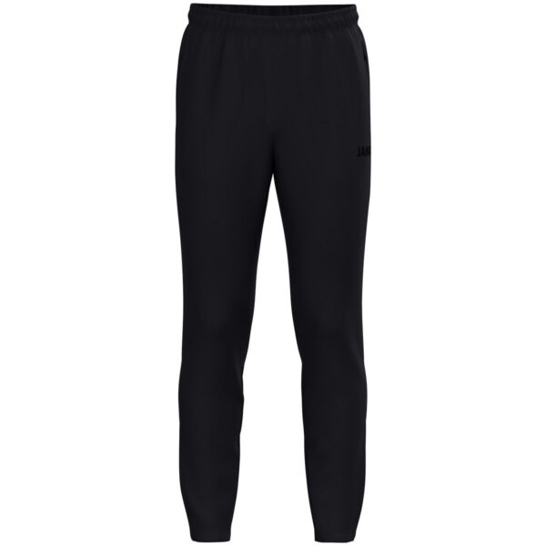 8400_880 JAKO Trainingsbroek One 8400 Kindermaat in zwart/zwart, sportieve broek met ribgebreide inzetstukken bij de kuiten, ritssluiting bij de pijpen en zijzakken voor optimaal comfort en functionaliteit. JAKO Teamline One