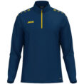 JAKO Ziptop One 8600 in navy/geel, sportieve ziptop van gerecycled polyester met zachte microfleece binnenkant, ideaal voor training, warming-up en vrije tijd. JAKO Teamline One