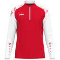 JAKO Ziptop Sonic 8626 in rood/wit, sportieve ziptop van gerecycled polyester met zachte microfleece binnenkant, ideaal voor training, warming-up en vrije tijd. JAKO Teamline Sonic