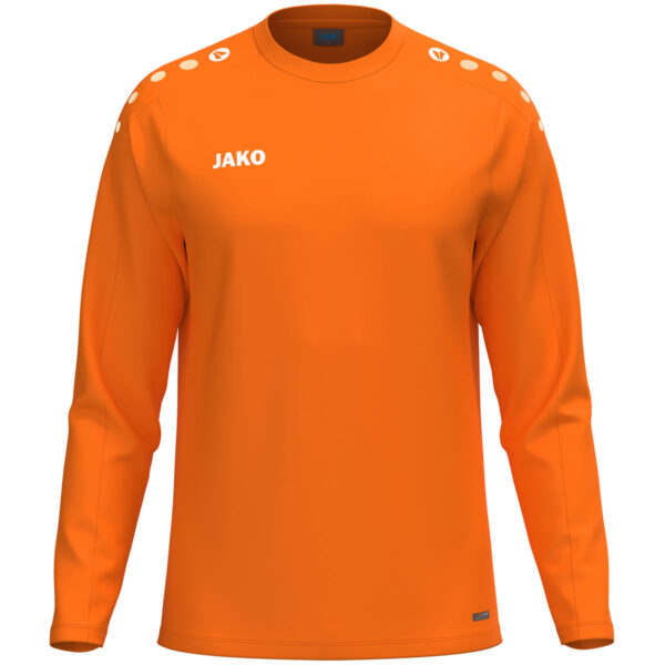 JAKO Sweater One 8800 in oranje, sportieve sweater van gerecycled polyester met zachte microfleece binnenkant, ideaal voor training, warming-up en dagelijks gebruik. JAKO Teamline One
