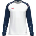 JAKO Longsleeve Sonic 8826 in wit/marine/rood, sportieve longsleeve van gerecycled polyester met printschouderinzet, ademend en slijtvast, ideaal voor training, warming-up en dagelijks gebruik. JAKO Teamline Sonic