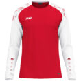 JAKO Longsleeve Sonic 8826 in rood/wit, sportieve longsleeve van gerecycled polyester met printschouderinzet, ademend en slijtvast, ideaal voor training, warming-up en dagelijks gebruik. JAKO Teamline Sonic