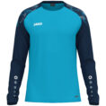 JAKO Longsleeve Sonic 8826 in aqua/marine, sportieve longsleeve van gerecycled polyester met printschouderinzet, ademend en slijtvast, ideaal voor training, warming-up en dagelijks gebruik. JAKO Teamline Sonic