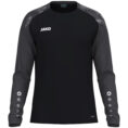 JAKO Longsleeve Sonic 8826 in zwart/antraciet, sportieve longsleeve van gerecycled polyester met printschouderinzet, ademend en slijtvast, ideaal voor training, warming-up en dagelijks gebruik. JAKO Teamline Sonic