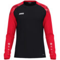 JAKO Longsleeve Sonic 8826 in zwart/rood, sportieve longsleeve van gerecycled polyester met printschouderinzet, ademend en slijtvast, ideaal voor training, warming-up en dagelijks gebruik. JAKO Teamline Sonic