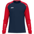 JAKO Longsleeve Sonic 8826 in marine/rood, sportieve longsleeve van gerecycled polyester met printschouderinzet, ademend en slijtvast, ideaal voor training, warming-up en dagelijks gebruik. JAKO Teamline Sonic