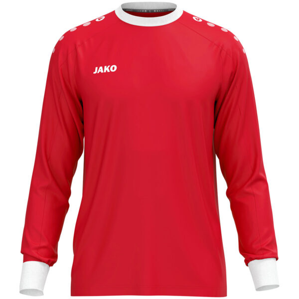 8900_100 JAKO Keepershirt One 8900 in rood, sportief keepersshirt van gerecycled polyester, licht, ademend en slijtvast, met contrasterende ribkraag en mouwuiteinden, perfect voor training en wedstrijden. JAKO Teamline One. JAKO Keeperskleding