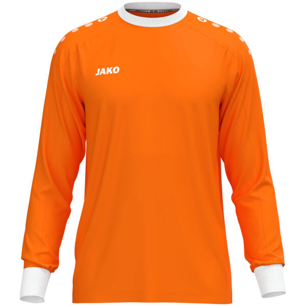 8900_350 JAKO Keepershirt One 8900 in fluor oranje, sportief keepersshirt van gerecycled polyester, licht, ademend en slijtvast, met contrasterende ribkraag en mouwuiteinden, perfect voor training en wedstrijden. JAKO Teamline One. JAKO Keeperskleding