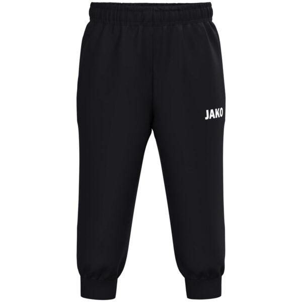 JAKO Polyesterbroek One Bambini 9200B in zwart, sportieve en functionele broek van gerecycled polyester voor kinderen, met ritssluiting aan de pijpen en praktische zijzakken, ideaal voor training en vrije tijd. JAKO Teamline One