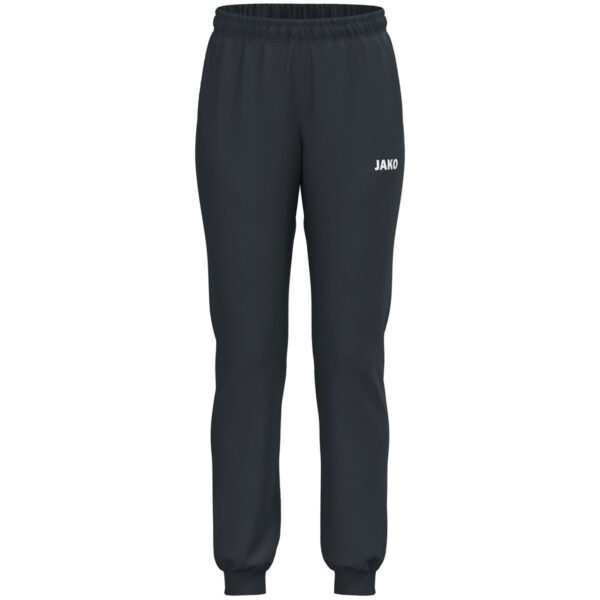 JAKO Polyesterbroek One Dames 9200D in antraciet, sportieve en functionele broek van gerecycled polyester voor dames, met ritssluiting aan de pijpen en praktische zijzakken, ideaal voor training en vrije tijd. JAKO Teamline One