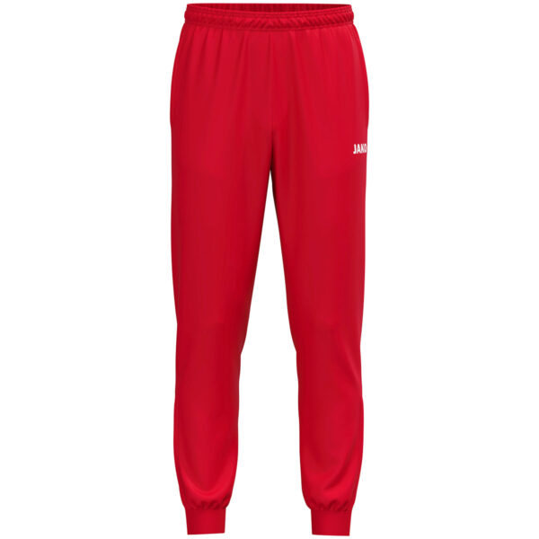 JAKO Polyesterbroek One 9200 in rood, sportieve en comfortabele broek van gerecycled polyester, met ritssluiting aan de pijpen en praktische zijzakken, ideaal voor training en dagelijks gebruik. JAKO Teamline One