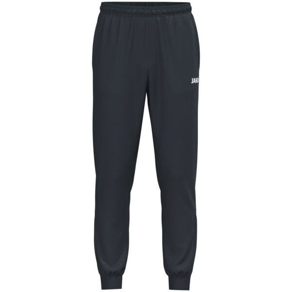 9200_830 JAKO Polyesterbroek One 9200 in antraciet, sportieve en comfortabele broek van gerecycled polyester, met ritssluiting aan de pijpen en praktische zijzakken, ideaal voor training en dagelijks gebruik. JAKO Teamline One