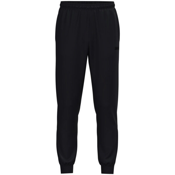 9200_880 JAKO Polyesterbroek One 9200 in zwart/zwart, sportieve en comfortabele broek van gerecycled polyester, met ritssluiting aan de pijpen en praktische zijzakken, ideaal voor training en dagelijks gebruik. JAKO Teamline One