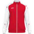 JAKO Polyestervest Sonic 9326 in rood/wit, modern en functioneel polyesterjack met schouderprint en JAKO-stippen, duurzaam, ademend en ideaal voor training, vrije tijd en sportieve activiteiten. JAKO Teamline Sonic