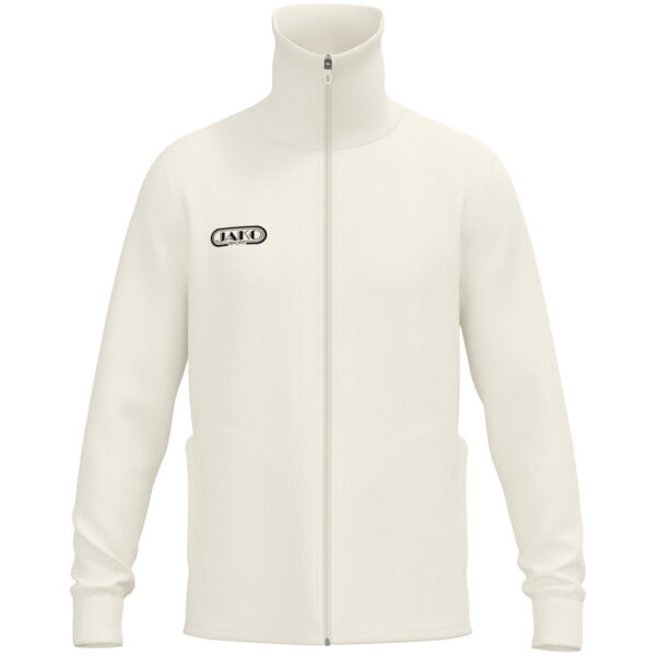 9861_601 JAKO Tracksuite jas Wardrobe 9861 in off white, sportieve retro tracksuit jas met geribde kraag en mouwboorden, hoog draagcomfort, praktische zijzakken en duurzame materialen, ideaal voor training en dagelijks gebruik. JAKO Teamline Wardrobe