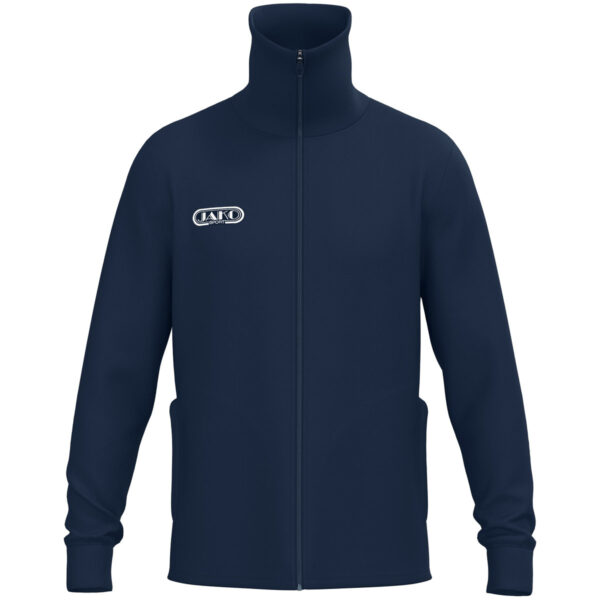 9861_900 JAKO Tracksuite jas Wardrobe 9861 in marine, sportieve retro tracksuit jas met geribde kraag en mouwboorden, hoog draagcomfort, praktische zijzakken en duurzame materialen, ideaal voor training en dagelijks gebruik. JAKO Teamline Wardrobe