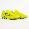 Bright neon yellow soccer cleats (JAKO) with black side graphics and studded soles, shown in a side-by-side view for product display.