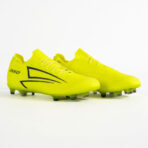 Bright neon yellow soccer cleats (JAKO) with black side graphics and studded soles, shown in a side-by-side view for product display.