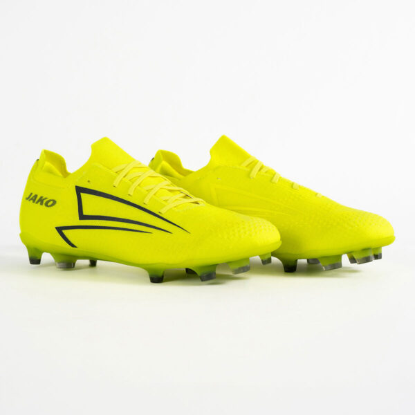 5550_676_P02 Bright neon yellow soccer cleats (JAKO) with black side graphics and studded soles, shown in a side-by-side view for product display.