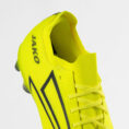 Bright yellow high-cut football boot with black side stripes and laced front, viewed from the side.