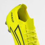 Bright yellow high-cut football boot with black side stripes and laced front, viewed from the side.