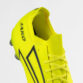 Bright yellow high-cut football boot with black side stripes and laced front, viewed from the side.