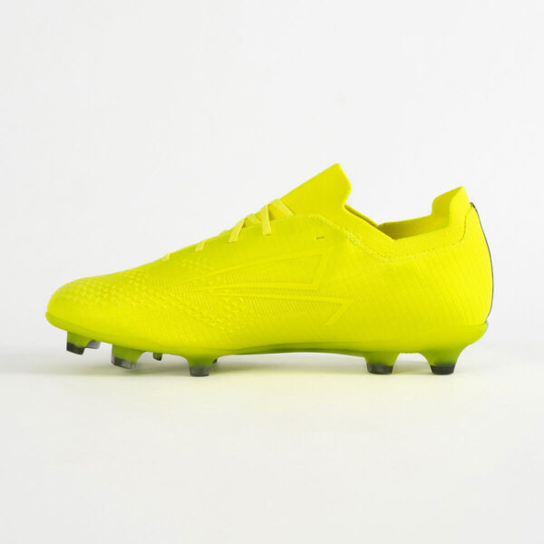 5550_676_P09 Neon yellow soccer boot with laces and molded studs on a white background (side view)