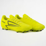 Bright yellow soccer cleats with black side stripes and JAKO logo on the heel, studded outsole for turf/soft ground