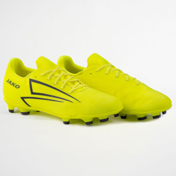 5551_676_P01 Bright yellow soccer cleats with black side stripes and JAKO logo on the heel, studded outsole for turf/soft ground