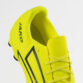 Bright neon yellow soccer cleat with black chevron stripes and laces (close-up of upper