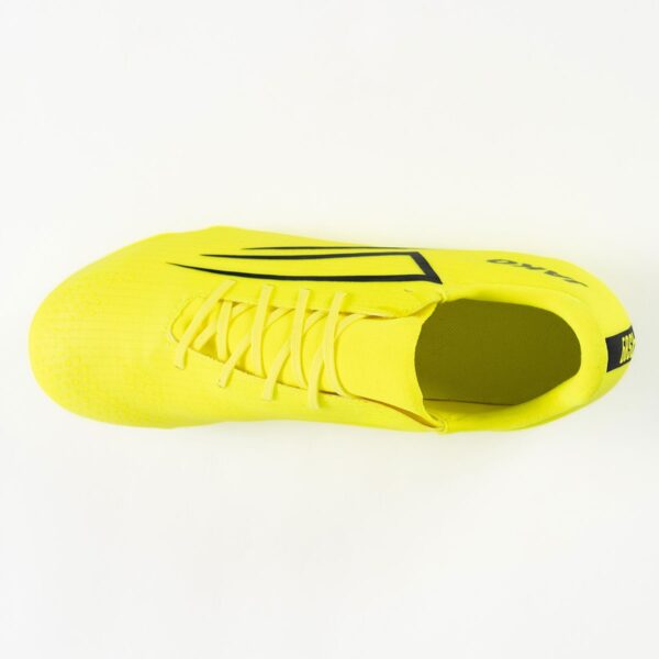 5551_676_P04 Top-down view of a neon yellow athletic shoe with laces, featuring a black logo on the side and a snug sock-like ankle collar.