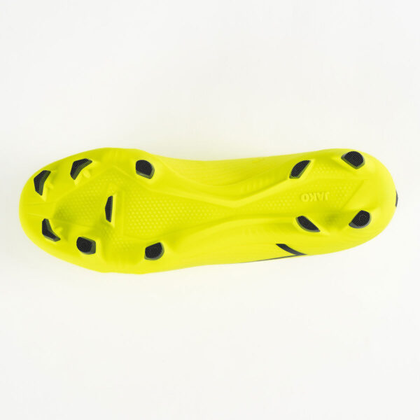 5551_676_P05 Bright neon yellow football boot sole with black cleats, showing stud pattern and textured midfoot area
