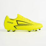 Neon yellow Jako soccer cleat with black side design and studded sole on a white background