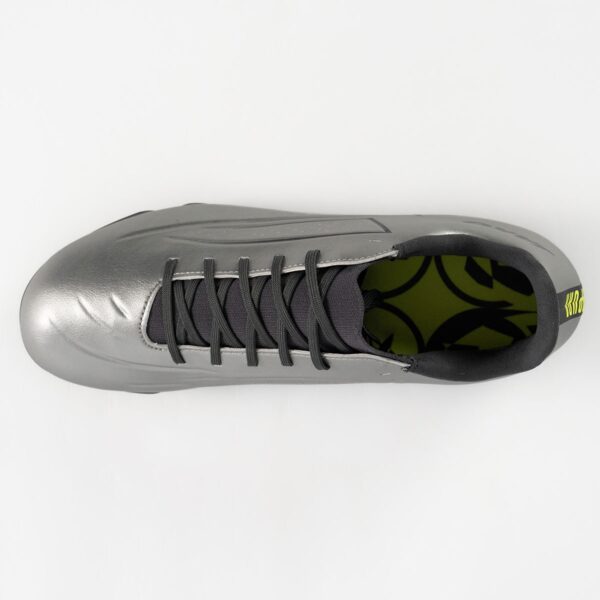 5552_677_P01 Top view of a gray athletic shoe with black laces, showing a lime inner lining and a black-and-yellow logo at the heel