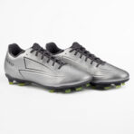 Silver soccer cleats with black laces and lime-green studs, side view showing brand 'JAKO' on the heel