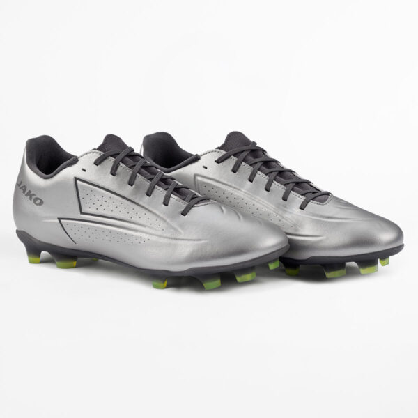 5552_677_P02 Silver soccer cleats with black laces and lime-green studs, side view showing brand 'JAKO' on the heel