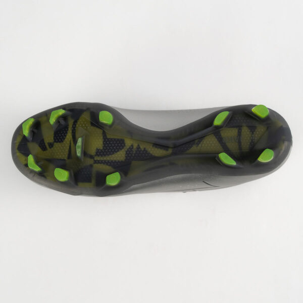 5552_677_P04 Bottom view of a black and gray soccer cleat with lime-green studs and a camo-like pattern on the sole.