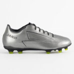 Silver soccer cleat with black laces and lime studs, side view showing JAKO branding on the heel area