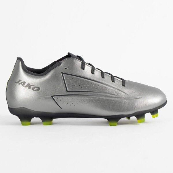 5552_677_P07 Silver soccer cleat with black laces and lime studs, side view showing JAKO branding on the heel area