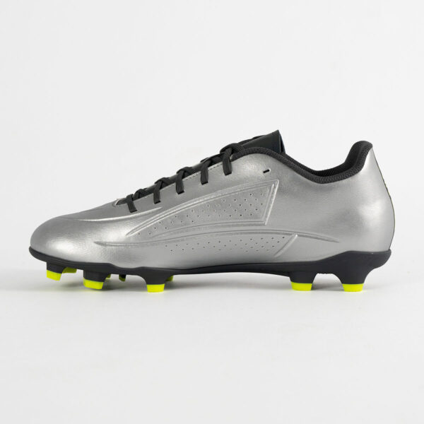 5553_677_P02 Silver soccer cleat with black laces and neon yellow studs on a black sole, photographed from the side.