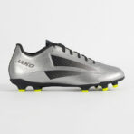 Silver Jako football boot with black accents and lime studs, side profile view