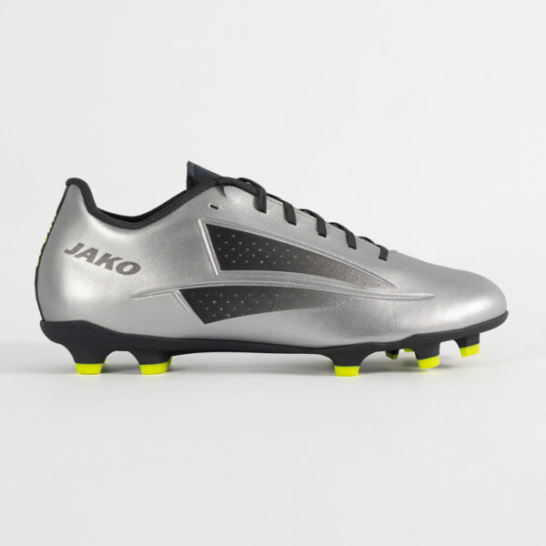5553_677_P07 Silver Jako football boot with black accents and lime studs, side profile view
