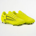 Bright yellow soccer cleats with black side stripes and studded soles on a white background.